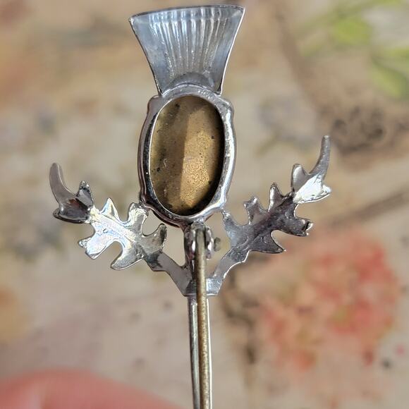 Vintage Thistle Stick Pin Brooch Amber Stone Scottish Floral Jewelry Retro Pin - Picture 6 of 10